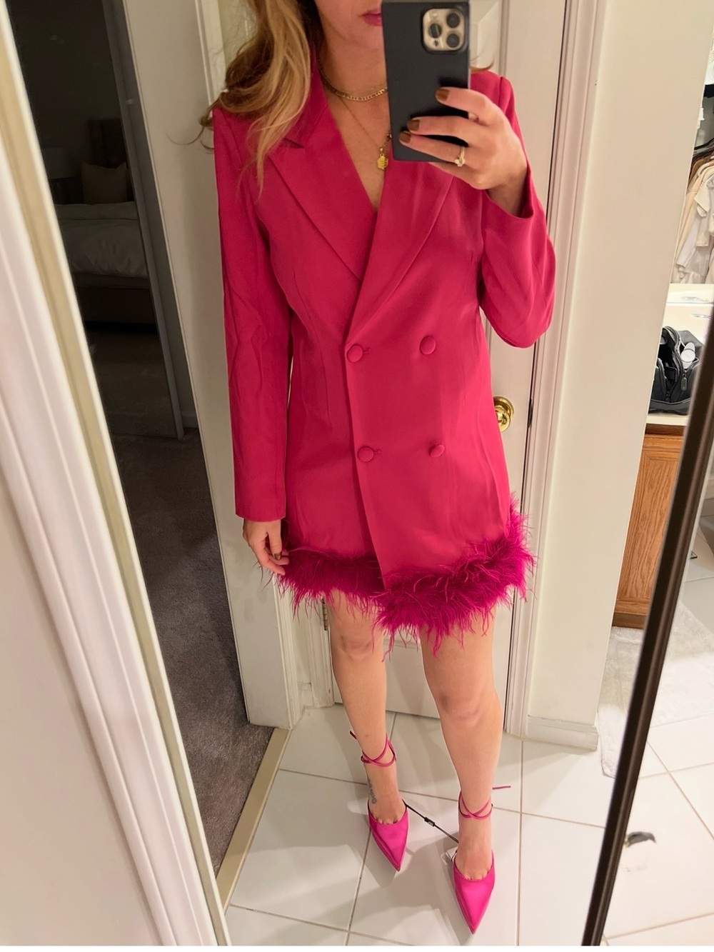 Forever Unique Fuchsia Feather-Hem Double-Breasted Blazer